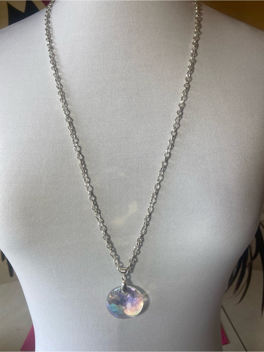 Iridescent Disc Pendant Necklace in Silver - Women Jewelry